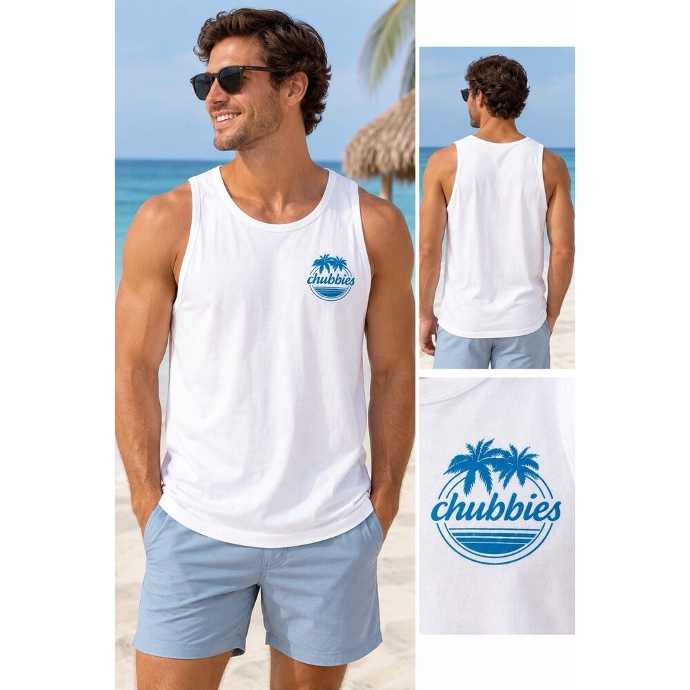 Chubbies Men’s White Palm Tree Logo Tank Top Blue Graphic Size Medium M NWOT